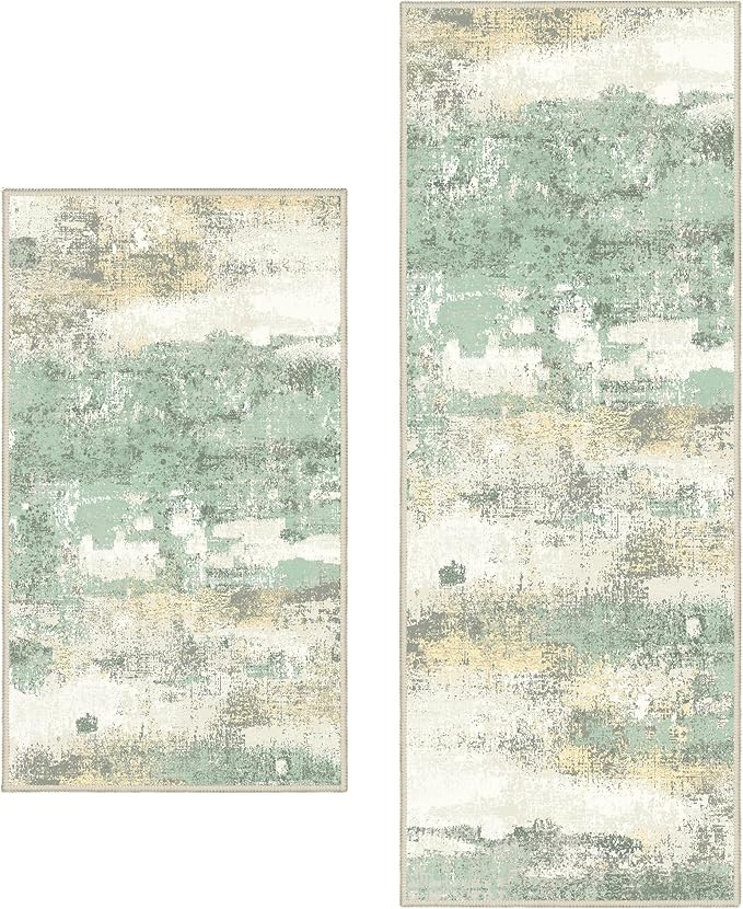 Kitchen Rug Set 2 Piece, 17"x47"+17"x30" Modern Abstract Machine Washable Rug Runner for Hallway, Low Pile Soft Indoor Floor Mat with Non-Slip Backing, Light Green