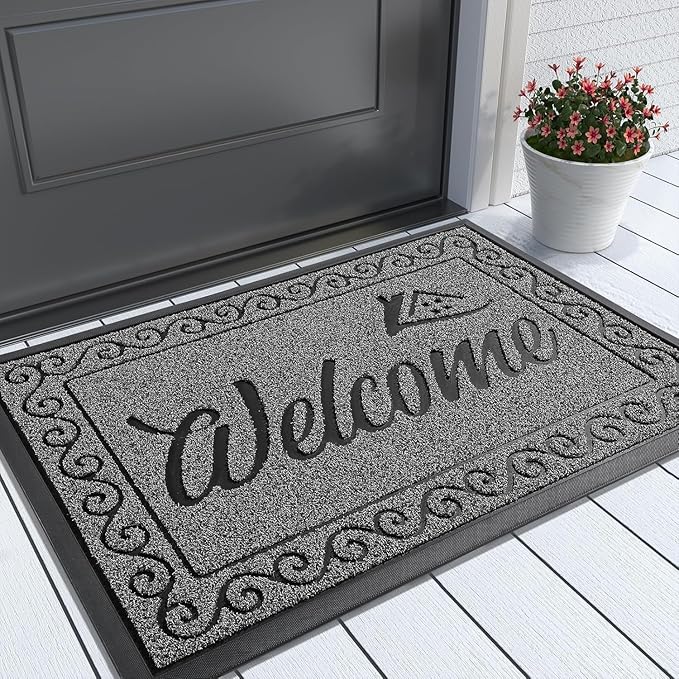 Yimobra Welcome Mat Outdoor Indoor, Waterproof Heavy Duty Front Door Mat Outside Entrance, Extra Sturdy Non-Slip Doormat, Low Profile, Dirt Trapping, 36x24 Inches, Black Gray