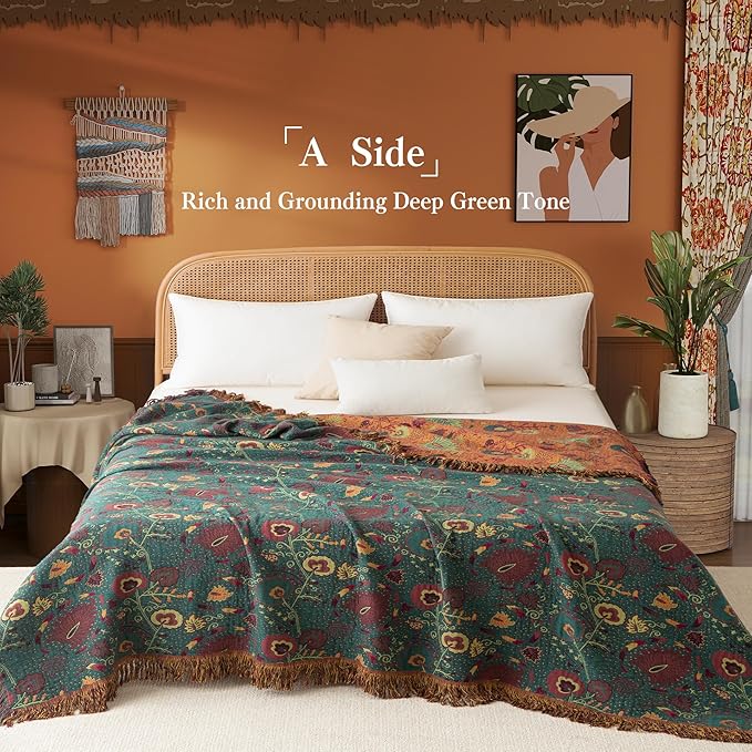 Boho Throw Blanket Twin Size, Soft Cozy Cotton Muslin Quilt Blanket for Bed Decor, Floral Patterned Couch Sofa Chair Cover, Vintage Farmhouse Cottage Tapestry Woven Blanket, Green&Orange
