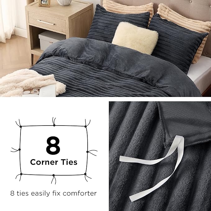 Bedsure Fluffy Duvet Cover Set - Ultra Soft Plush Shaggy Comforter Cover Queen Size, Warm Flannel Fleece Bed Sets for Winter, 3 Pieces (Striped Pattern, Dark Grey)
