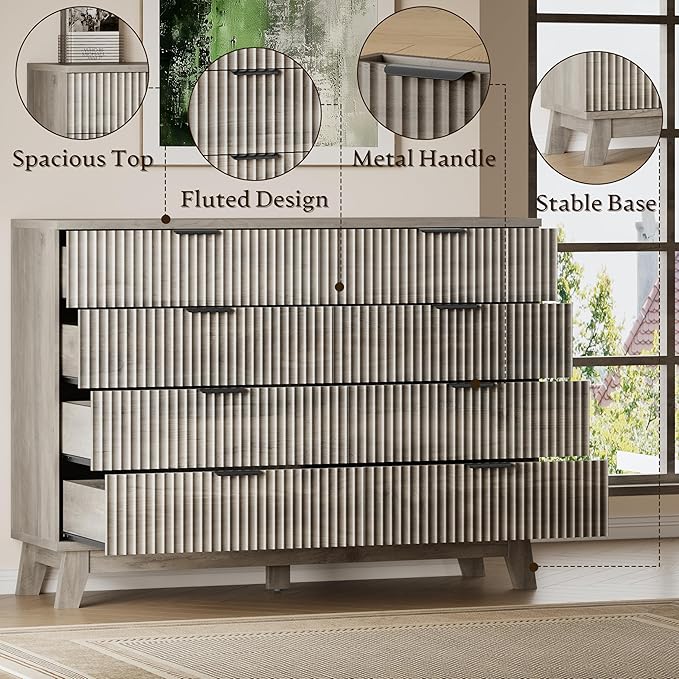 53" Tall Dresser for Bedroom, 8-Drawer Fluted Chest of Drawers, Modern Wood Highboy with Metal Slides and Handles, Anti-Tip Kit, Vertical Clothes Storage Organizer for Apartment, Closet