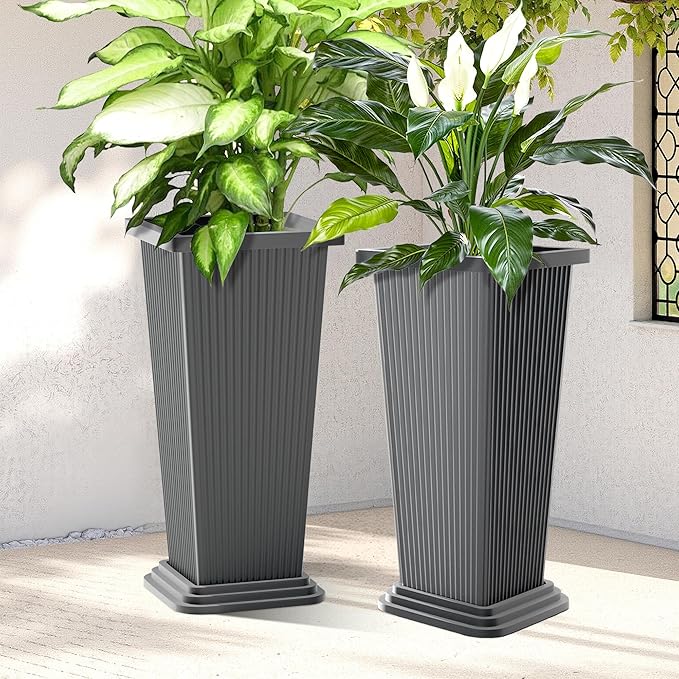 FENCY Set of 2 Tall Planters for Outdoor Plants, 24 Inch Large Tapered Pots with Drainage Trays, Weather-Resistant Plastic Plant Containers for Patio, Porch, Garden, Front Door Decor,Gray,Striped