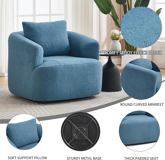 Swivel Accent Chair,360° Rotating Barrel Chair,Teddy Fleece High-Resilience Sponge Single Sofa, Easy Assembly for Living Room, Bedroom, Apartment Blue