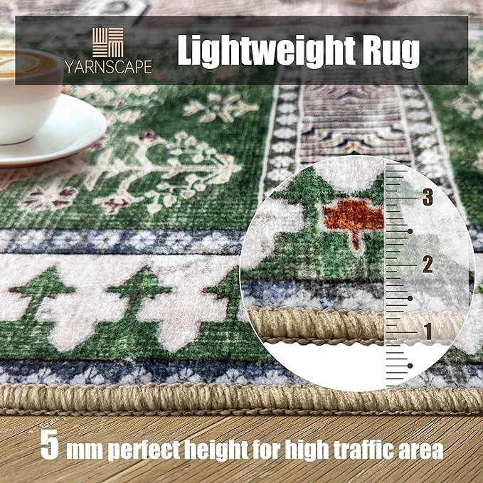 Vintage 3' x 5 ' Washable Area Rug - Stylish Indoor Rug for Living, Dining or Bedroom - Lightweight Carpet with Non-Slip Backing - Foldable for Easy Placement and Maintenance - Green