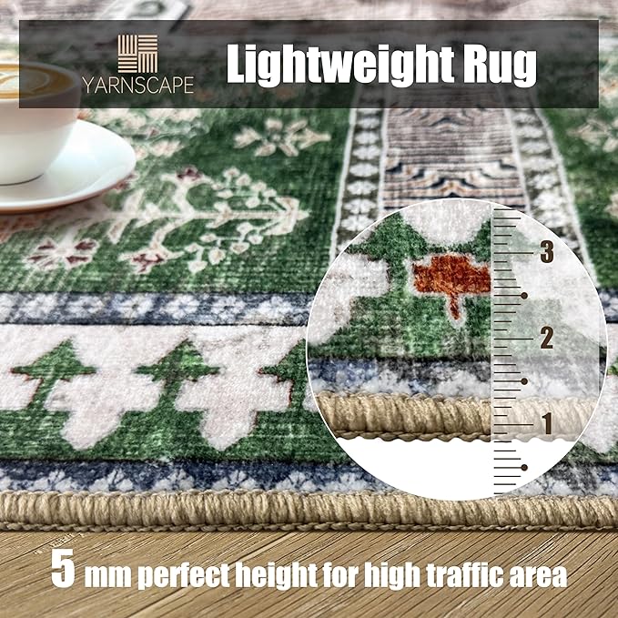 Vintage 4' x 6' Washable Area Rug - Stylish Indoor Rug for Living, Dining or Bedroom - Lightweight Carpet with Non-Slip Backing - Foldable for Easy Placement and Maintenance - Green
