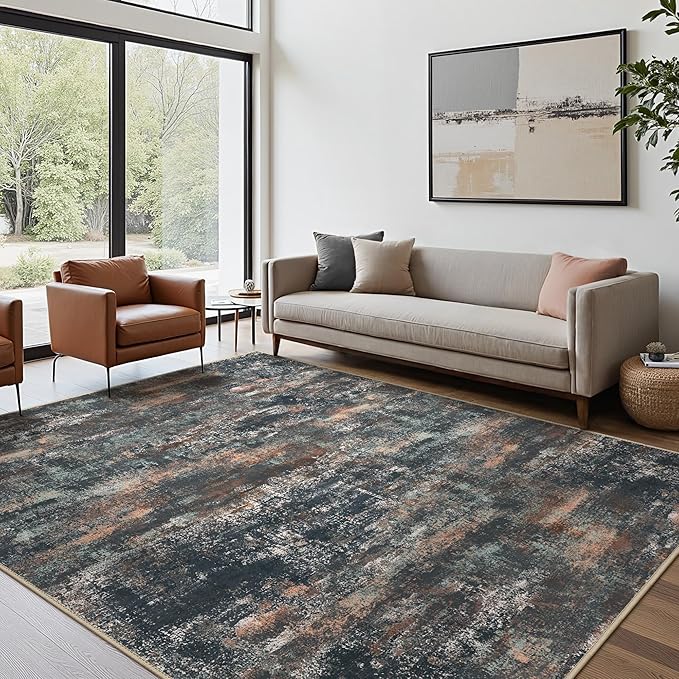 Area Rugs 8x10 for Living Room Bedroom, Modern Abstract Machine Washable Rug, Large Soft Low Pile Floor Cover with Non Slip Backing for Dining Room, Dark Blue Rust