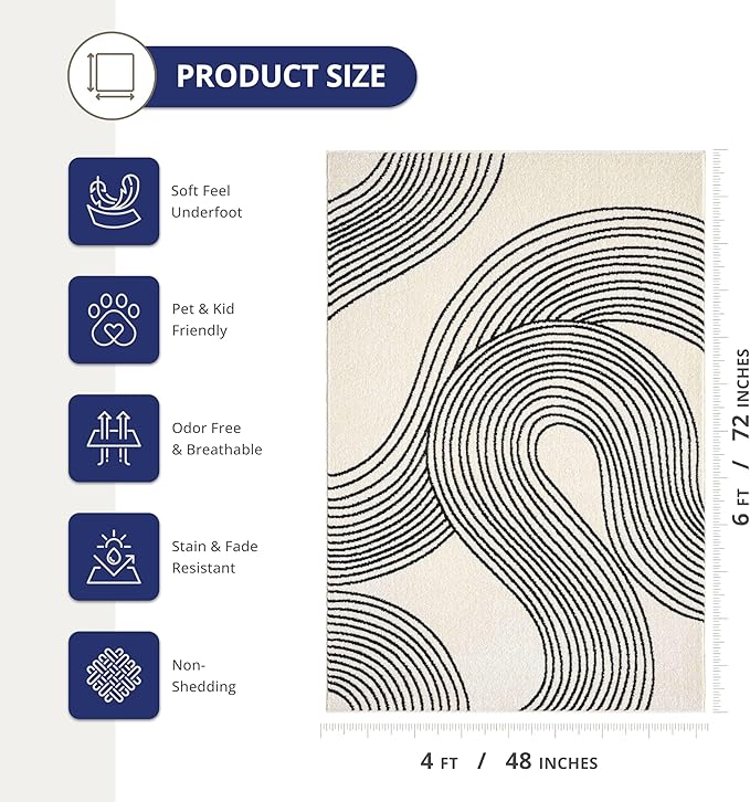 Abani Nuevo Beige Black Swirls Modern Area Rug 4' x 6' for Living Room, Bedroom - Abstract Design - Durable & Easy to Clean