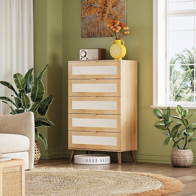 WLIVE Rattan Dresser for Bedroom, 5 Drawer Wood Boho Dresser Storage with Gold Metal Handle, Chest of Drawers for Living Room, Closet, Hallway, Light Oak