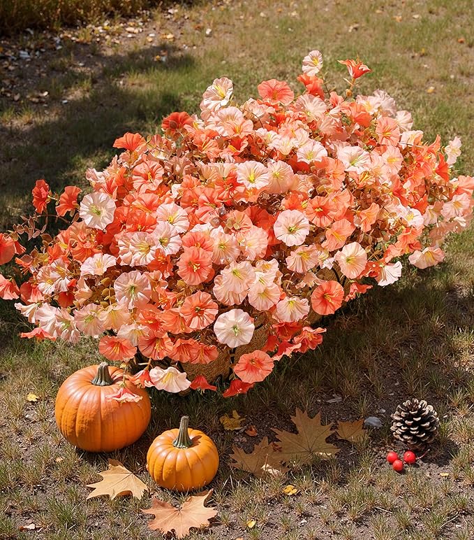 Artificial Mums for Outdoors Fake Fall Flowers Plants for Autumn Decoration, 12 Bundles Silk Morning Glory with Eucalyptus Look Real UV Resistant Faux Mums for Outside Planters Yard Patio Porch, Mix