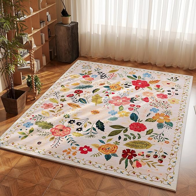 Bedroom Rug 3x5 Rug Washable Area Rug Non Slip Low Pile Boho Floral Small Carpet for Bedroom, Bedside, Kitchen, Entryway, Kids Room, Office, College Dorm Essentials for Girls(Beige)