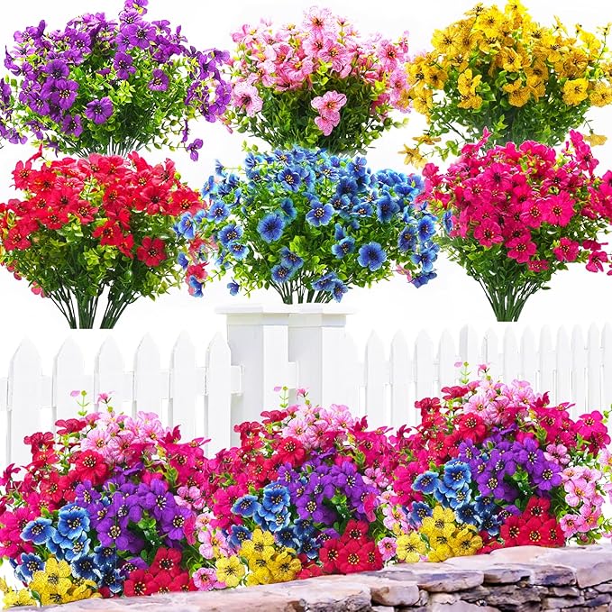 24 Bundles Artificial Flowers for Outdoors & Indoors – UV Resistant Faux Plastic Plants for Garden, Patio, Porch, Window Box, Home Decor – Lush & Vibrant Fake Flowers, Multicolor