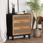 COZAYH Farmhouse 3-Drawer Nightstand, Woven Cane Front Accent Dresser with Brass Pull, Fully-Assembled, Black