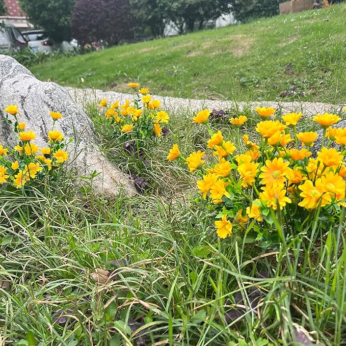 alyptus Fake Mums Outdoor Yellow Flowers 8 Bundles Plants for Outside Fall Artificial Flower UV Resistant for Wedding Home Garden Window Box Decor