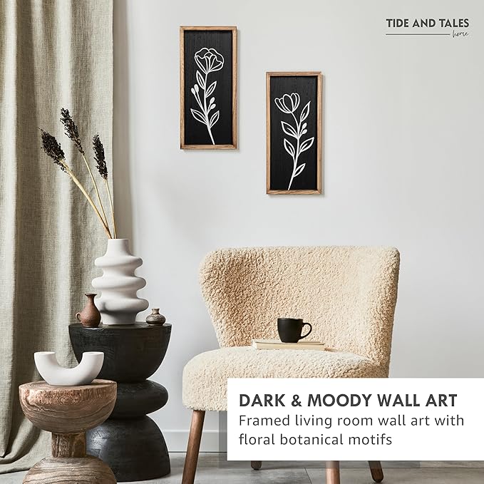 3D Vintage Black Living Room Decor (Set of 2) Lightweight, Wooden Ready-to-Hang Framed Moody Floral Wall Art for Bathroom, Bedroom or Office - Dark Textured Boho Farmhouse Wall Decor - Gift-Boxed