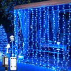 JMEXSUSS 300LED Christmas Curtain Lights, Blue Christmas Lights with Remote, Blue String Lights for Bedroom Wall Window Backdrop Garden Indoor Outdoor Patio Yard Porch Decorations, 9.8x9.8ft