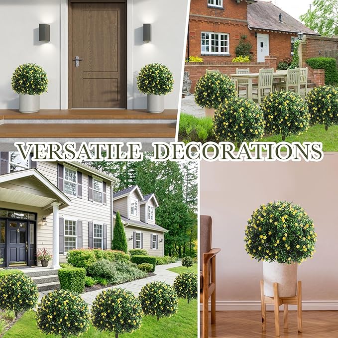 Yunlly Set of 2 Artificial Boxwood Topiary Ball Tree Fake Bushes Shrubs Outdoor Faux Plant with Ground Spike Flowers UV Resistance Greenery for Front Porch Garden Patio Indoor(Yellow,27x18inch)