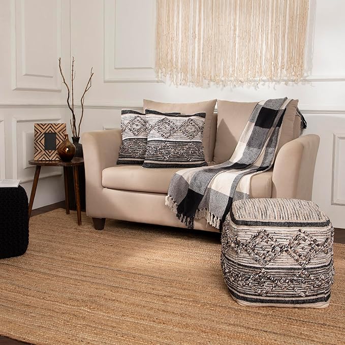 REDEARTH · Tufted Pouf Ottoman with Filler Textured Storage Cube Bean Bag Pouffe Footrest Living Room, Bedroom, Nursery, Indoor, Covered Patio; 100% Cotton (17.5"X17.5"X17.5", Black Jasper)