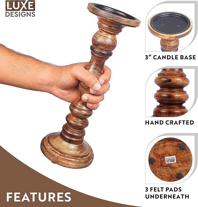 Large Candle Holders for Pillar Candles - Rustic Farmhouse Style Home Decor - Perfect for Table Centerpieces, Coffee Table or Fireplace Mantel - 3 Piece Set - Natural