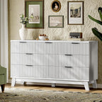 Fluted Dresser with 7 Drawers, 58" Wide Modern Chest of Drawers with Metal Handle, Wooden Dresser TV Stand, Wood Closet Clothes Storage Organizer for Bedroom, Living Room, Hallway, Solid White