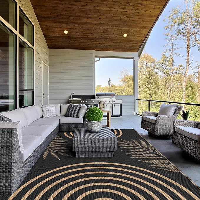 GENIMO Outdoor Rug 8' x 10' Waterproof for Patio Clearance, Reversible Lightweight Plastic Straw Camping Carpet, Large Area Rugs Mats for Rv, Backyard, Deck, Porch, Picnic, Balcony, Mix-Black & Brown