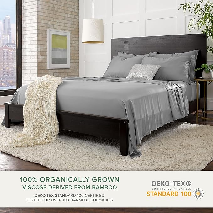 Full Sheets by Pure Bamboo, Genuine 100% Organic Viscose Derived from Bamboo Bed Sheet Set, Luxuriously Soft & Cooling, Double Stitching, Lifetime Quality Promise (Full, Stone Grey)