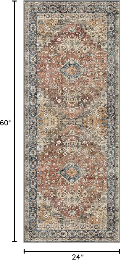 GENIMO Runner Rug 2x5 Non Slip Machine Washable Vintage Hallway Runner Rug, Low Pile Lightweight Rugs for Entryway, Hallway, Kitchen and Corridor, Antique Red