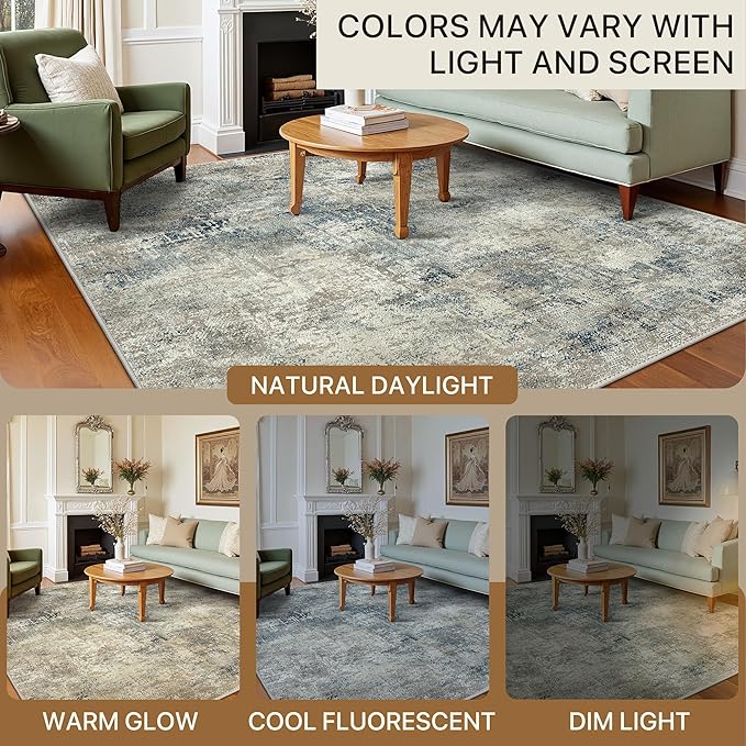 Area Rugs 8x10 for Living Room Bedroom, Modern Abstract Machine Washable Rug, Large Soft Low Pile Floor Carpet with Non Slip Backing for Dining Room, Light Gray Blue