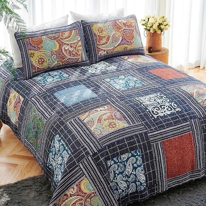 Secgo Queen Comforter Set for Bed - 100% Cotton Quilts Queen Size, Black Bedspreads (90 * 98 Inch) with 2 Pillow Shams, Patchwork Reversible Lightweight Bedding