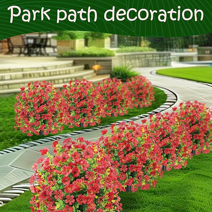 22.8" Set of 2 Fall Artificial Boxwood Topiary Ball with Spikes,UV Resistant Fake Outdoor shrubs with Violet Flowers, Realistic Faux Plants Bushes for Garden Front Porch Yard Patio Decor(Red)