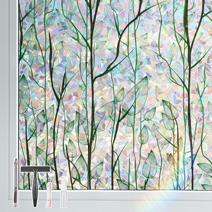 LEMON CLOUD Privacy Window Film 3D Stained Glass Window with Installation Tools,No Glue Static Cling Window Sticker,Decorative for Glass Door,Bathroom,Office and Home (Leaf Rainbow,35.4 x 157.4 Inch)