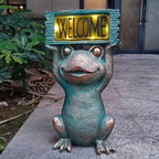 Frog Solar Welcome Garden Statues Outdoor Décor- Frog Figurines Solar LED Light Lawn Ornaments - Yard Decorations for Patio, Balcony, Backyard -Unique House Warming Gifts for Mom