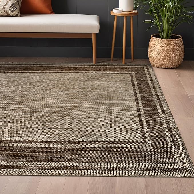 Beverly Rug Large Outdoor Rug 9x12 Modern Bordered Area Rugs for Indoor and Outdoor Patio Deck Porch Garden Waterproof Weather Sun Resistant Washable Outside Carpet (9 x 12 Jute)