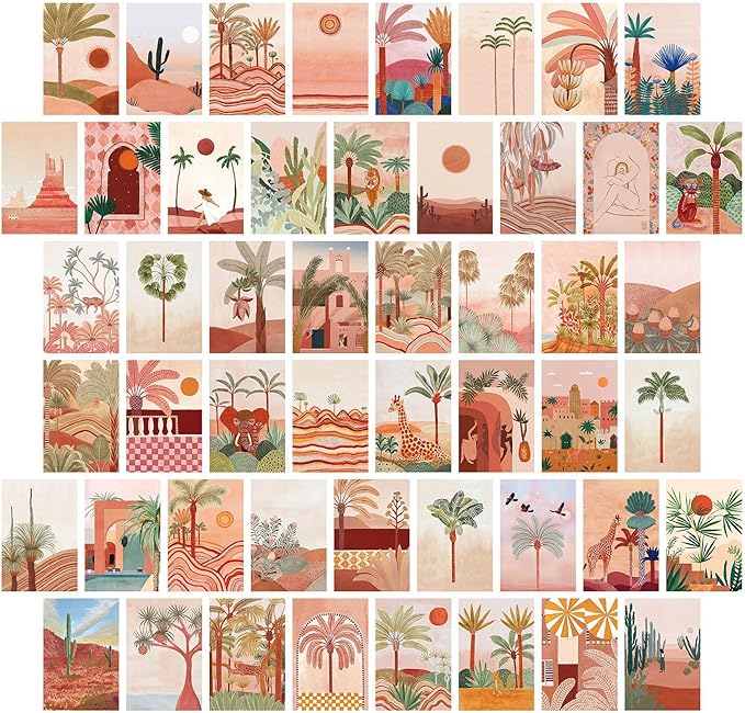 NGETC 50PCS Wall Collage Kit Double-Sided Printed Botanical Illustration Tarot Aesthetic Pictures Retro Wall Art Hippie Room Wall Decor Boho Postcards Pack Nature Posters for Adults Teen Girls Room