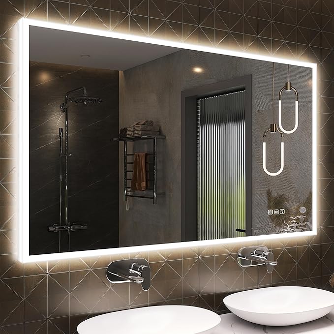 S·BAGNO LED Bathroom Mirror with Lights, 48''x28'' 3D Border Bathroom Vanity Wall Mirror with Bluetooth, Anti-Fog, Stepless Dimming, 3 Colors, Tempered Glass Lighted Vanity Mirror for Bathroom