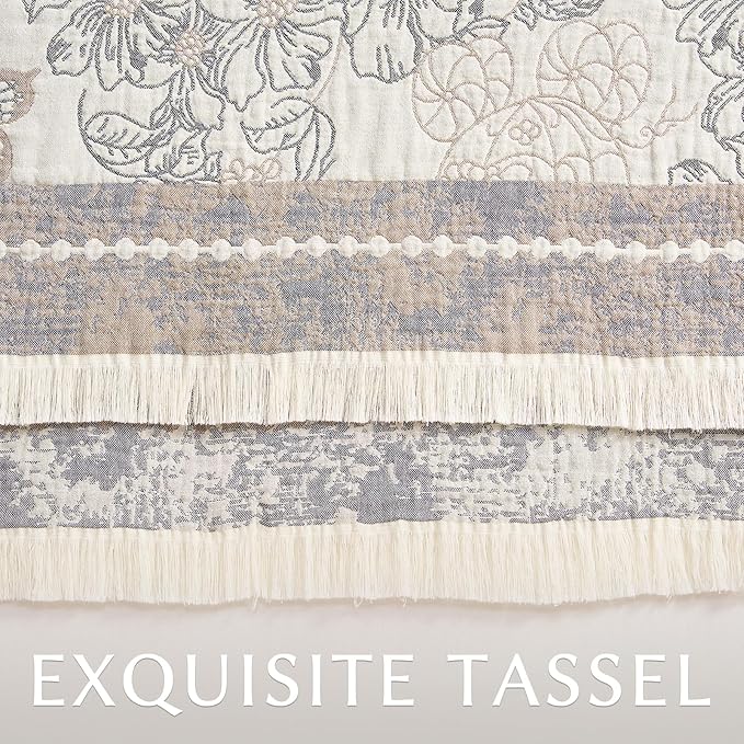 jinchan Boho Floral 100% Cotton Blanket 4-Layer Throw Blanket with Tassel Grey and White Flower Butterfly Soft Luxury Rustic Farmhouse Decor Blanket for Couch Bed 60x80 inch All Season Gift for Women