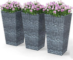 Outsunny Tall Planters for Outdoor Plants Set of 3, 24 in Taper Planters with Drainage Holes, Rattan Decor Plant Pots for Indoor Outdoor Front Porch Patio Backyard, Gray