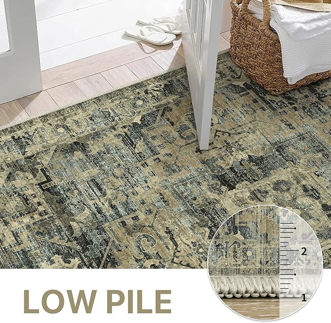 GENIMO Machine Washable 8x10 Area Rugs for Living Room, Non Slip Vintage Rugs, Low Pile Lightweight Chenille Print Rug for Bedroom, Dining Room, Home Office, Tawny Sage