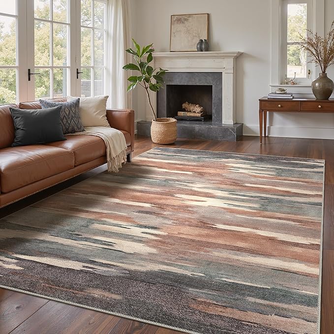 Area Rugs 8x10 Machine Washable Rug for Bedroom Living Room Dining Room, Large Modern Abstract Soft Rugs, Indoor Low Pile Carpet with Non Slip Rubber Backing, Ocher Brown