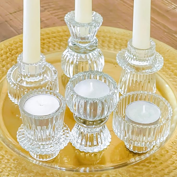 Kate Aspen Vintage Ribbed Glass Black Candlestick Holders, Pillar Candle, Tealight & Votive Candle Holders (Set of 6, 3 Assorted Sizes), Dining Table Decor, Shelf Decor, Centerpiece
