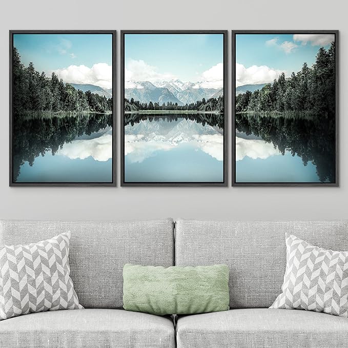 SIGNWIN Framed Canvas Print Wall Art Set Blue Pine Tree Forest Lake Reflection Nature Wilderness Photography Realism Decorative Scenic Rustic Chic for Living Room, Bedroom, Office - 16"x24"x3 Black