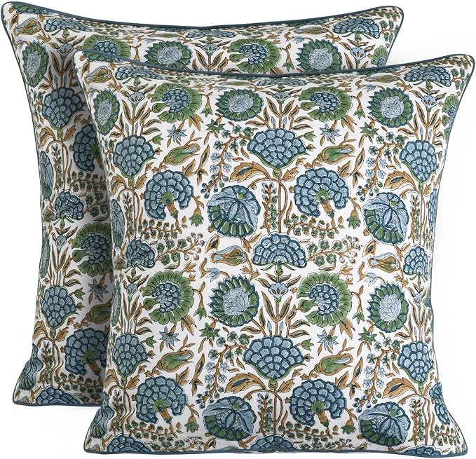 Ridhi Block Print Pillow Cover Asparagus Green Cotton Throw Case Decorative for Couch Pillows Living Room, Chic Boho Cute Thanksgiving Christmas, Fall Gifts 16 x16 Inches