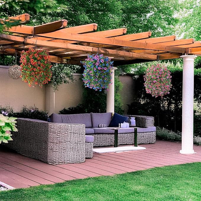 Artificial Fake Hanging Flowers Plants for Outdoor Spring Decoration, 2 PCS Faux Silk Daisy Flower UV Resistant Look Real for Outside Patio Porch Garden Balcony Yard Home Summer Decor(Perple Blue)