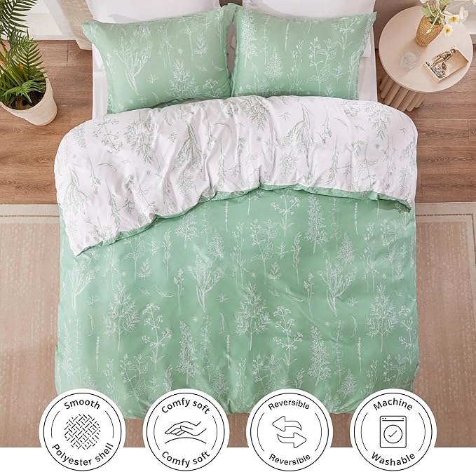 Love's cabin Sage Green Comforter Set Twin - Twin XL Size Comforter Set Dorm Bedding, 2 Pieces Cute Floral Bedding for Women, Soft Reversible Flowers Comforter, 1 Comforter & 1 Pillow Sham