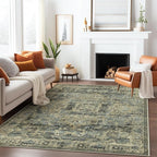 GENIMO Machine Washable 8x10 Area Rugs for Living Room, Non Slip Vintage Rugs, Low Pile Lightweight Chenille Print Rug for Bedroom, Dining Room, Home Office, Tawny Sage