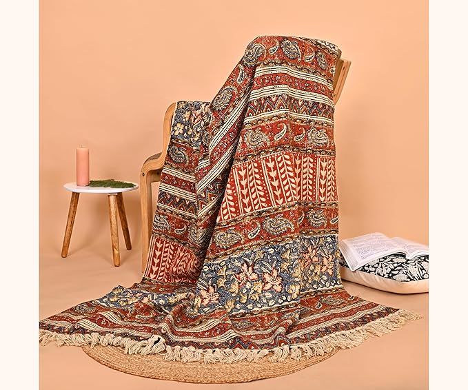 Handmade Cotton Floral Throw Blanket | Indian Block Print with Tassels | Boho Fringed Sofa & Bed Cover | 48x70 Inches Lightweight Decorative Throw for Couch, Living Room & Bedroom