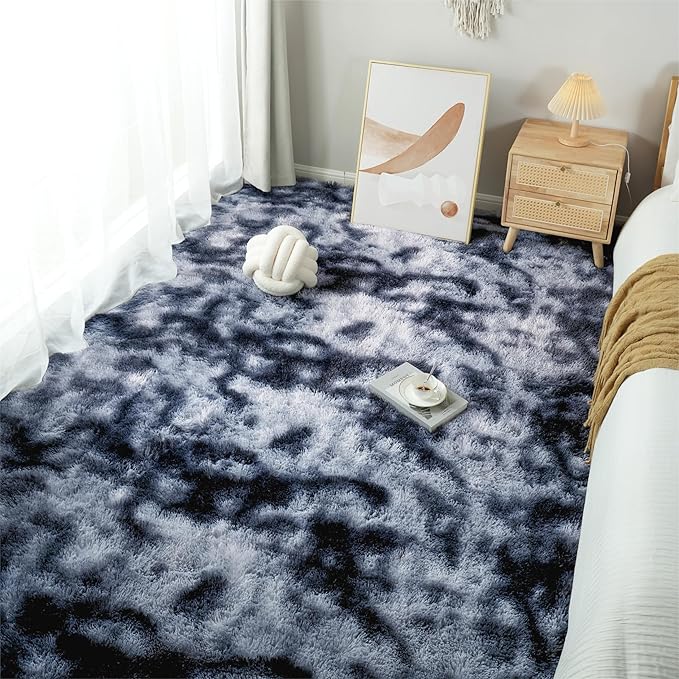 Fluffy Area Rug Living Room: Grey Shag Rug 6x9 Plush Rugs for Living Room - Large Fuzzy Soft Carpet (Tie-Dyed Dark Gray, 6x9 Feet)