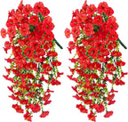 Ivydale 2 PCS Artificial Hanging Flowers Fake Plants Outdoor,Silk Morning Glory Faux Flowers with Eucalyptus Leaves,UV Resistant Realistic Hanging Petunias Plants for Home Garden Decor (Red)