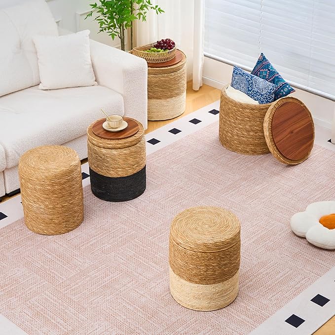 Wimarsbon Round Pouf Ottomans, Handwoven Natural Water Hyacinth Seagrass Pouffe,Outdoor Rattan Stool Accent Seat, Bohemian Coastal Home Decor (Storage - 18inch Natural Cattail & White Corn Shell)