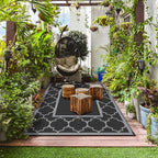 GENIMO 6' x 9' Outdoor Rug Waterproof for Patio Decor, Foldable Reversible Plastic Straw Area Rugs Mat for Camper, Outside Carpet for Rv, Deck, Porch, Picnic, Beach, Balcony, Black & Grey