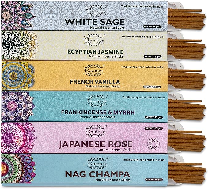 raajsee Incense Sticks 6 Pack Variety Set 15gm Each, Nag Champa- Jasmine - vanila-Japanese Rose-White Sage,100% Organic Hand Rolled- Perfect for Yoga, Meditation,Aromatherapy